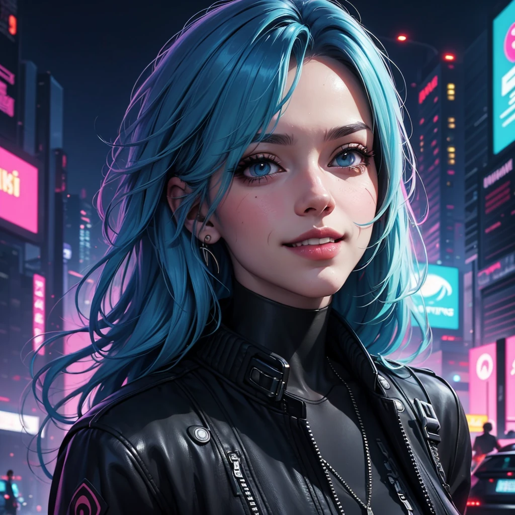 there is a woman with blue hair and a jacket, hyper-realistic cyberpunk style, realistic art style, Retrato ciberpunk, 🤤 portrait of , cyberpunk artstyle, cyberpunk anime digital art, Retrato de RossDraws, garota cyberpunk sonhadora, the cyberpunk portrait of , portrait of cg society, cyberpunk style ， hyper realist, realism art style, photorealistic art style, rossdraws pastel vibrante, smiling, 80s comic style image