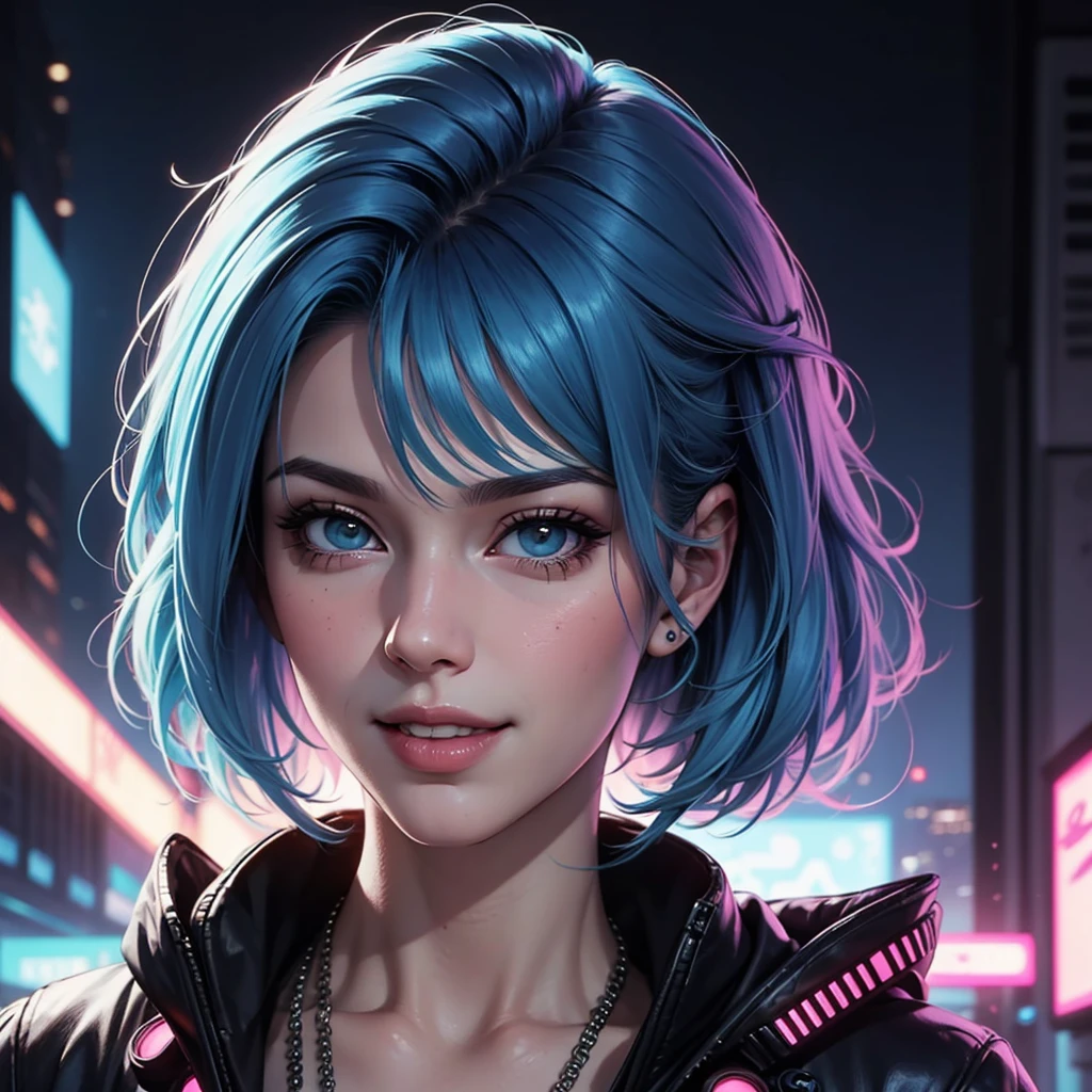 there is a woman with blue hair and a jacket, hyper-realistic cyberpunk style, realistic art style, Retrato ciberpunk, 🤤 portrait of , cyberpunk artstyle, cyberpunk anime digital art, Retrato de RossDraws, garota cyberpunk sonhadora, the cyberpunk portrait of , portrait of cg society, cyberpunk style , hyper realist, realism art style, photorealistic art style, rossdraws pastel vibrante, smiling, 80s comic style image