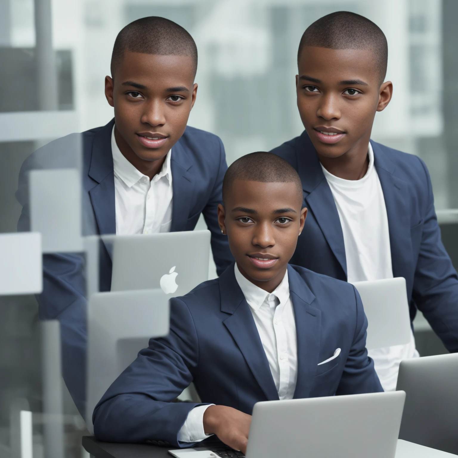 Black boy around 22 years old, good looking and smiling, buzz cut hairstyle, python programmer, inside an office, blue blazer, looking through glass windows, futuristic city, strategist look, laptop, apple laptop, cinematic, ultra realistic, highly detailed (masterpiece)