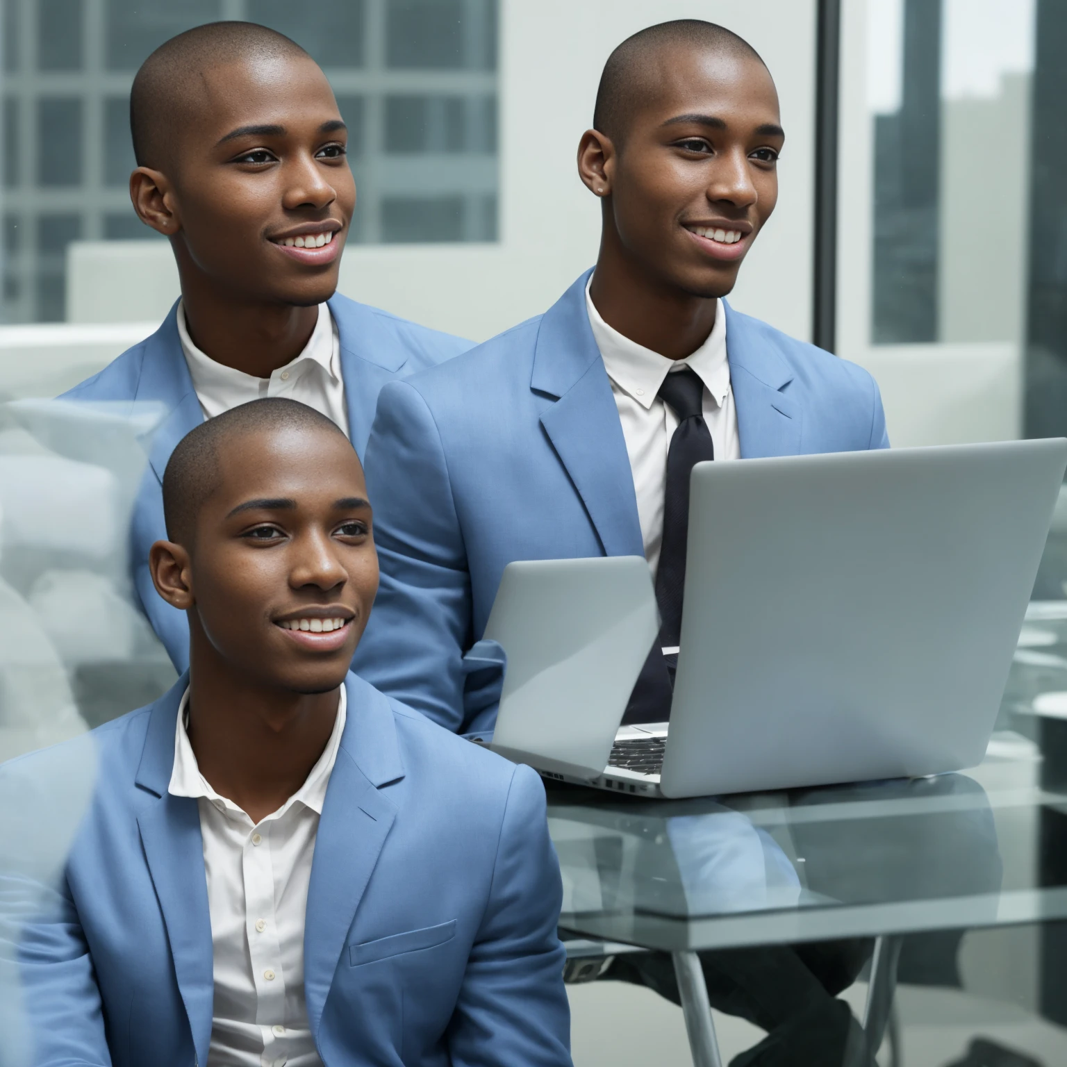 Black boy around 22 years old, good looking and smiling, buzz cut hairstyle, python programmer, inside an office, blue blazer, looking through glass windows, futuristic city, strategist look, laptop, apple laptop, cinematic, ultra realistic, highly detailed (masterpiece)