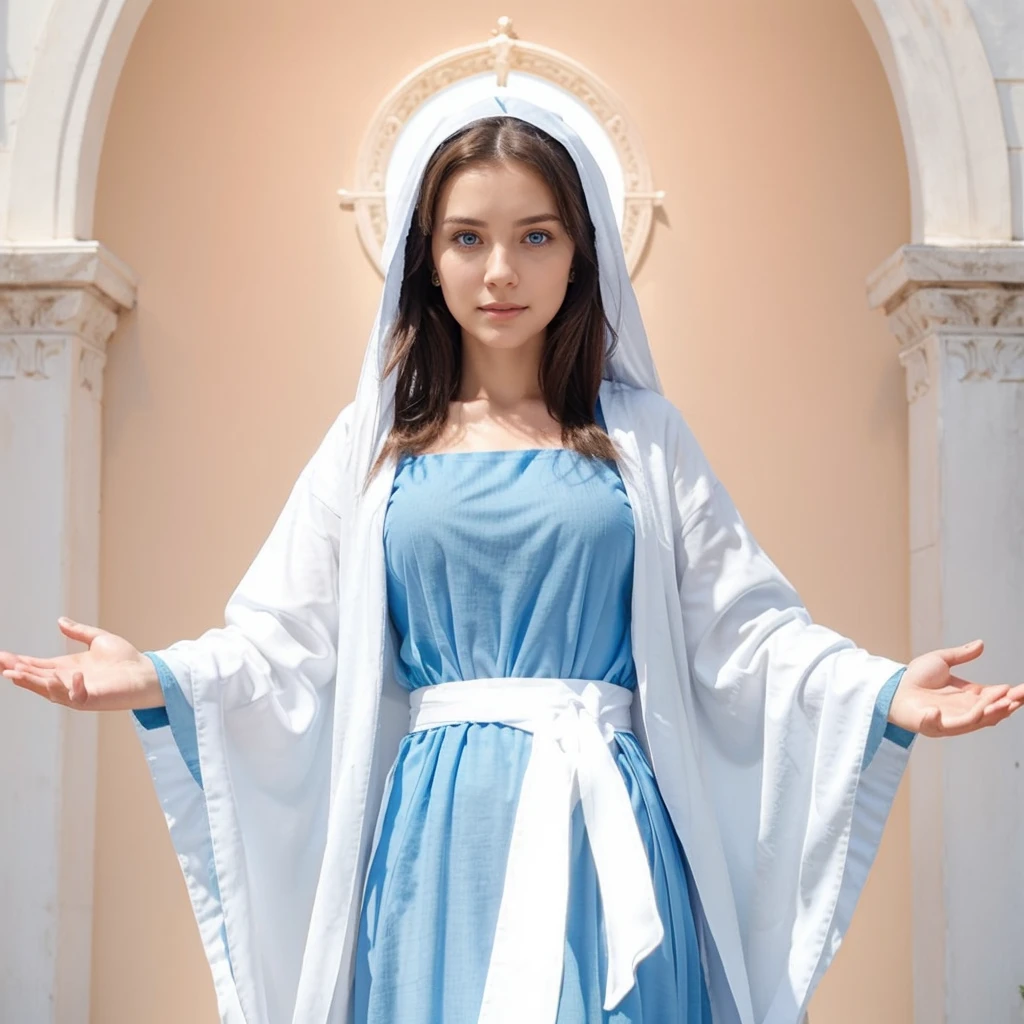 Beautiful woman with open arms, detailed light blue eyes, wearing a blue tunic with wide, long sleeves adjusted at the waist by an interlaced white sash