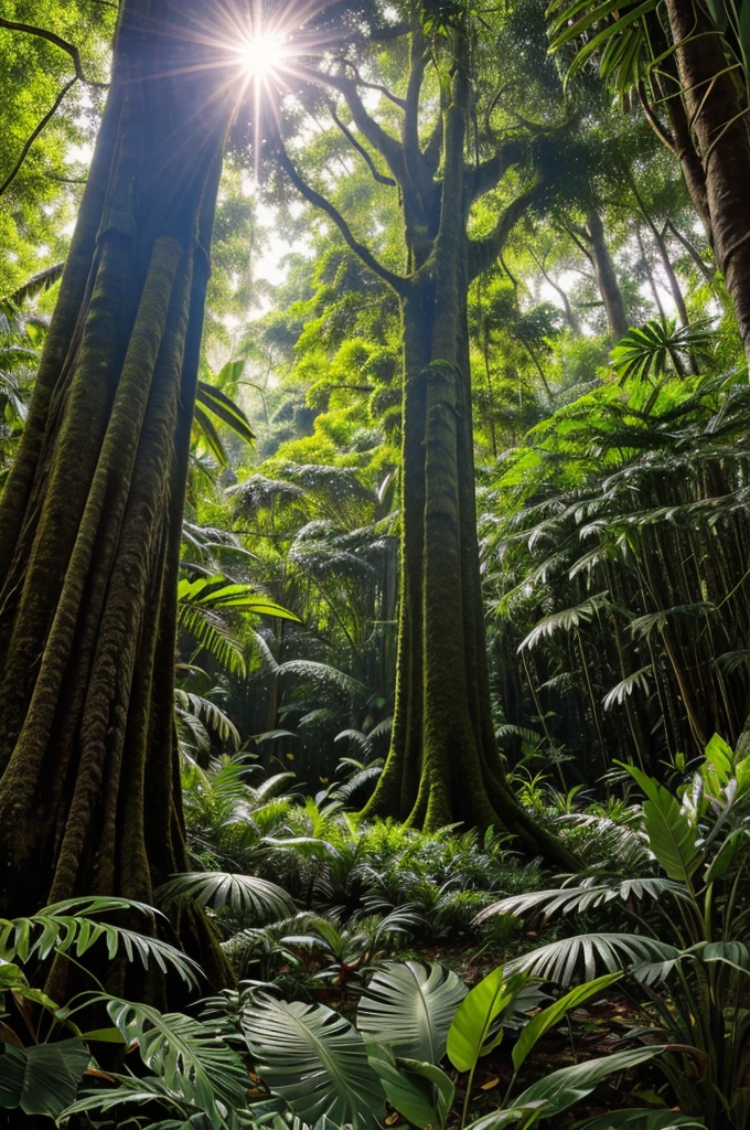 A lush, vibrant jungle setting with tall, ancient trees spreading their leafy canopy overhead. Sunlight filters through the dense foliage, casting dappled patterns on the forest floor where colorful flowers bloom.