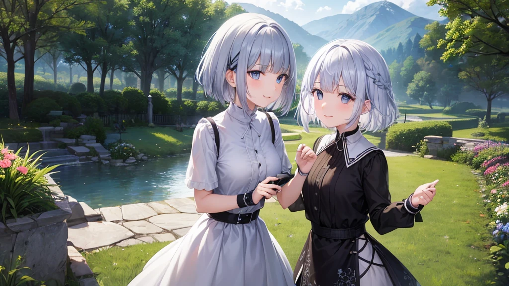Ultra HD,Look at the viewers, Put your hands behind your back, With a girl, 20-year-old, 非常にShort Hair, Long bangs between the eyes, Pale blue eyes, Very detailed,(masterpiece、Highest quality),Gray Hair、Laughter、Fantastic, Silver Hair, Iris, Short hair、 Fluttering Hair、Small Face、明るいsmile、(Detailed face) ,Professional Lighting,Wonderful landscape,blue sky, sunlight,Looking down from above,Portraiture、Open your mouth、Flower Field、Her eyes were shining、Mysterious and enchanting atmosphere。With AI Painting、とてもShort Hair, Long bangs between the eyes, Very detailed,(masterpiece、Highest quality)、alone、Gray Hair、Fantasy, Silver Hair, Fantasyな風景、smile、Open your mouth、short hair、Short Hair、hairpin、black eye、Grey Eyes、Beautiful Eyes、Black Shirt、White hoodie