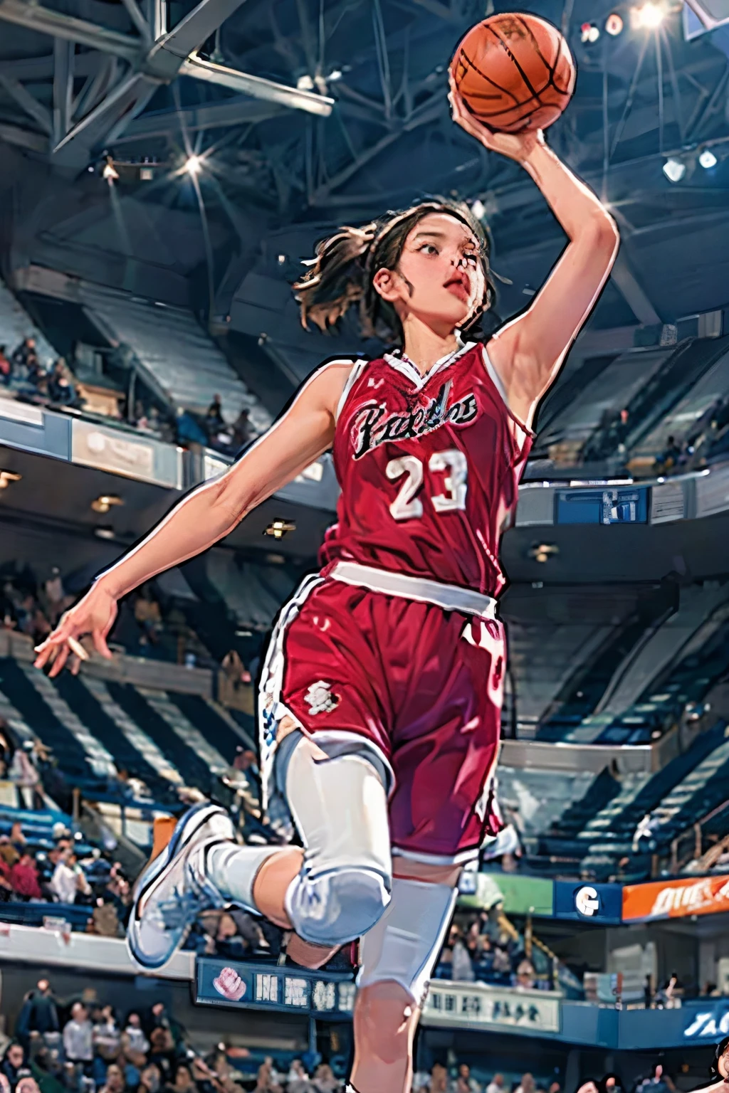 ((Female Basketball Player)), Young and beautiful girl、美しい顔のdetailedな描写、alone, dunk shot, Jumping Chute、close、Motion Blur、Dynamic Angle、stadium lighting、Blur the background、8Kdetailed, (detailed、masterpiece、Highest quality)、