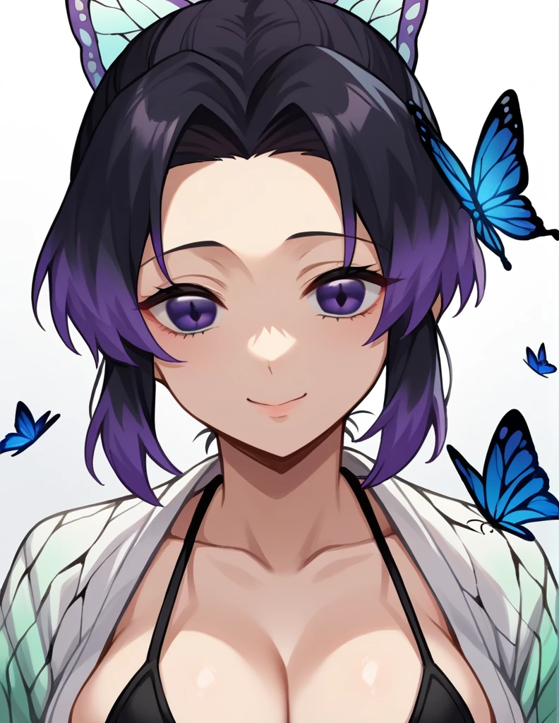 score_9, score_8_up, score_7_up, source_anime,
ShinobuKochou, Shinobu Kochou, animal print, black hair, butterfly, butterfly hair ornament, butterfly print, forehead, gradient hair, hair ornament, haori, multicolored hair, parted bangs, purple hair, short hair, two-tone hair,Micro Bikini, Big Breasts, Suspicious Smile, Squint your eyes, Close your mouth