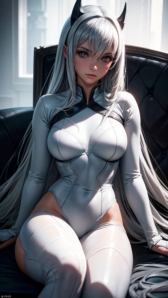 A girl from the Batman parallel universe, with silver-gray hair, sitting on a sofa in a dynamic pose, wearing a white Batman costume, (best quality,8k,highres,masterpiece:1.2),ultra-detailed,(realistic,photorealistic,photo-realistic:1.37),exquisite lighting and shadows, highly dramatic image, cinematic lens effect, excellent detail, excellent lighting, wide angle, excellent rendering, enough to stand out in its class, focus on white Batman costumes, Batman textures
