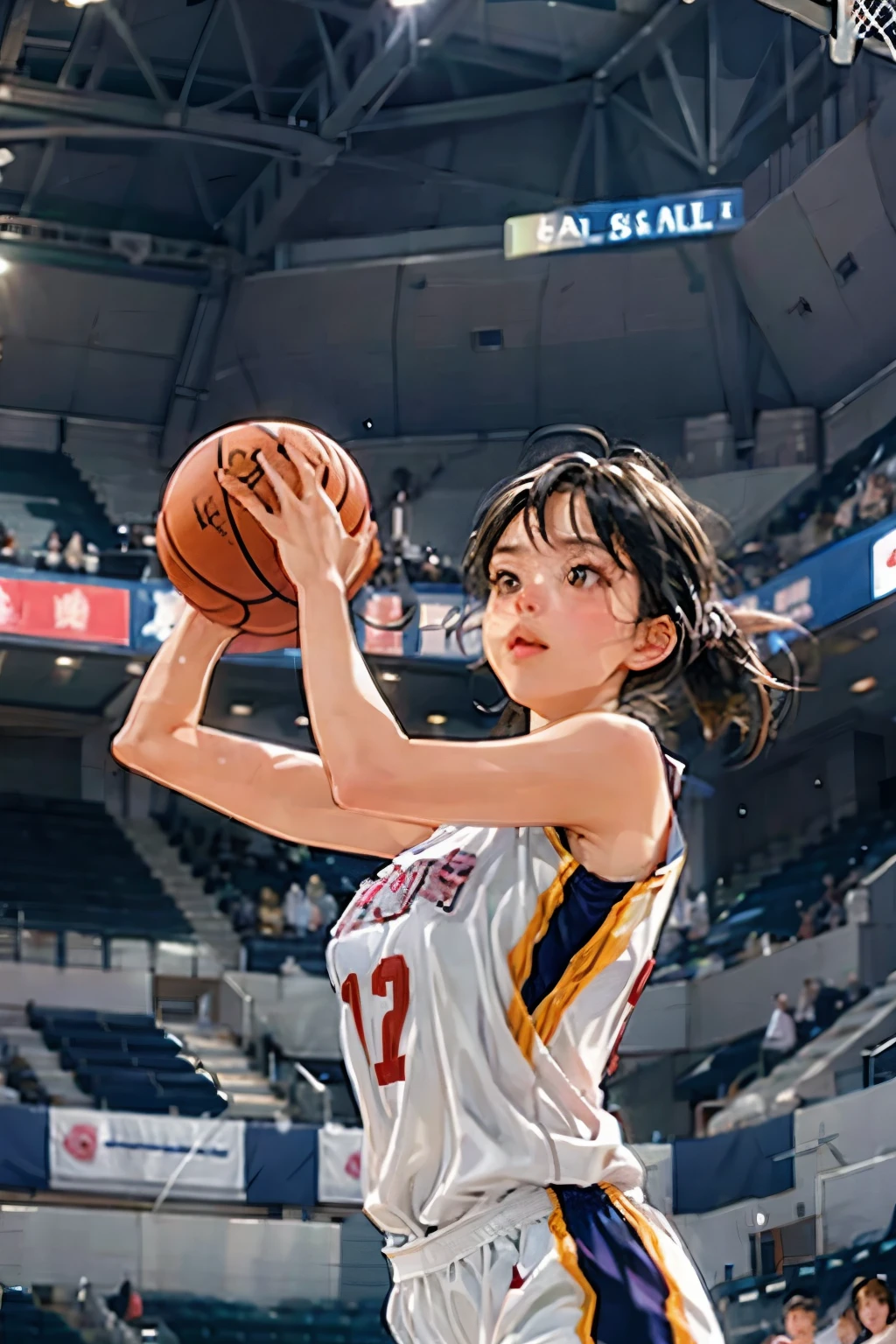 ((Female Basketball Player)), Young and beautiful girl、美しい顔のdetailedな描写、alone, dunk shot, Jumping Chute、close、Motion Blur、Dynamic Angle、stadium lighting、Blur the background、8Kdetailed, (detailed、masterpiece、Highest quality)、