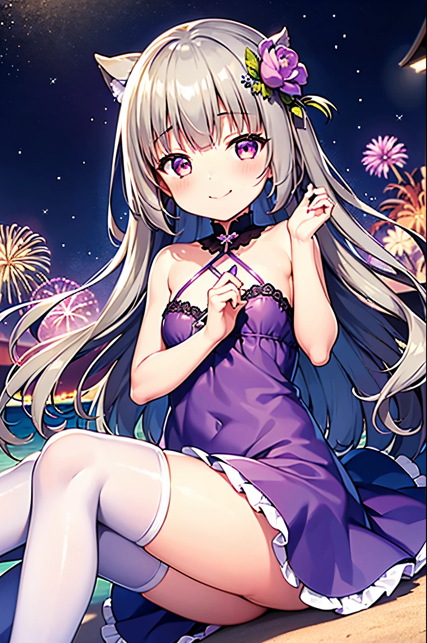 Himari Meimei, masterpiece, Voluptuous thighs, petit body, girl, flat chest, {1 Girl}, Cute and erotic smile, Highly detailed sparkling purple eyes, summer night, fireworks, 困り眉, open legs, legs up, brilliant silver grey hair, lying on beach bed,