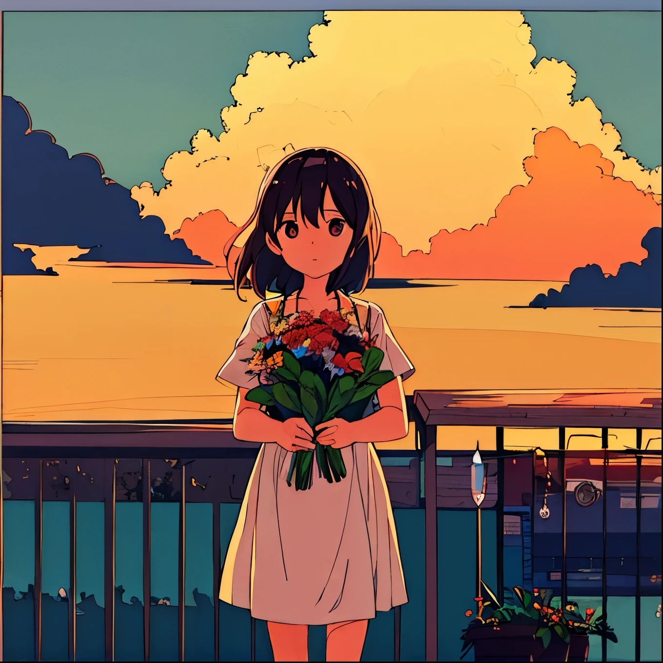 Girl with a bouquet Modern Cumulonimbus Summer Flower shop Sunset Plain background Simple
