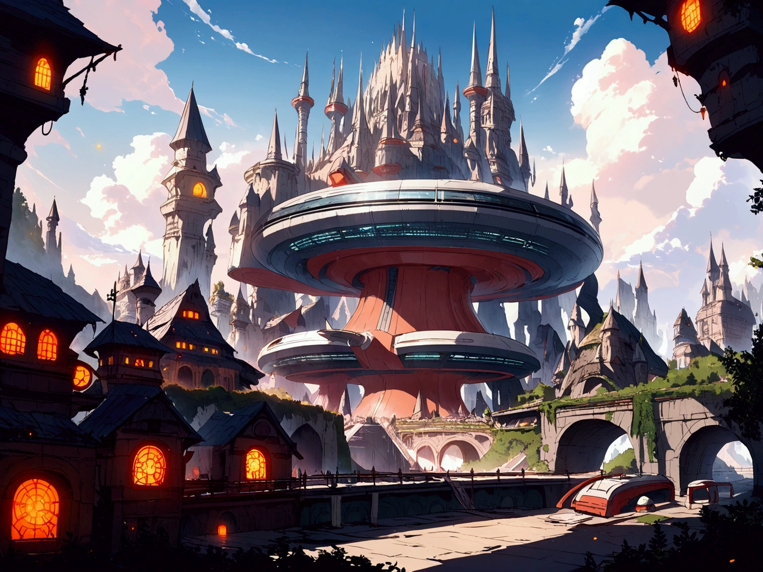 landscape A mechanized castle in the center of the screen Half-destroyed buildings line the surrounding area. A fusion of medieval and futuristic science Dark fantasy