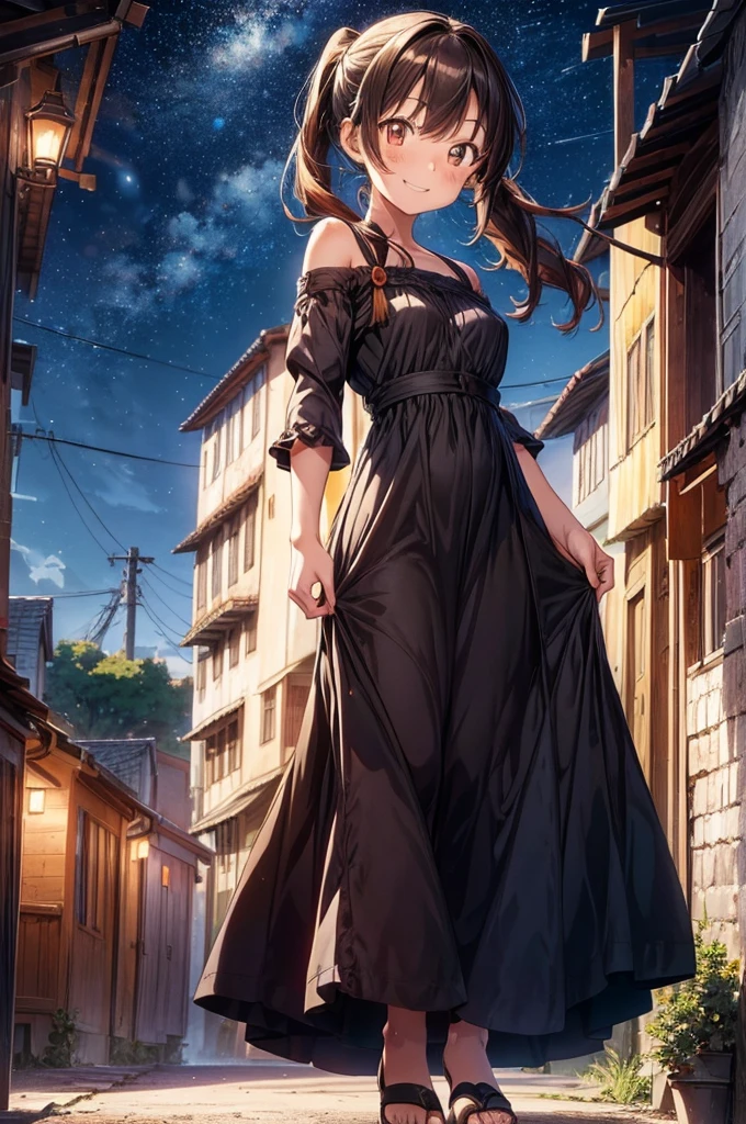 1girl, 15 years old, (anime coloring:1.2), anime scene, perfect_anatomy, looking at viewer, upturned eyes, orange eyes, crossed bangs, dark brown hair, ponytail, beautiful_hair, feminine, happy smile, (Maxi dress:1.3), standing, Medieval town