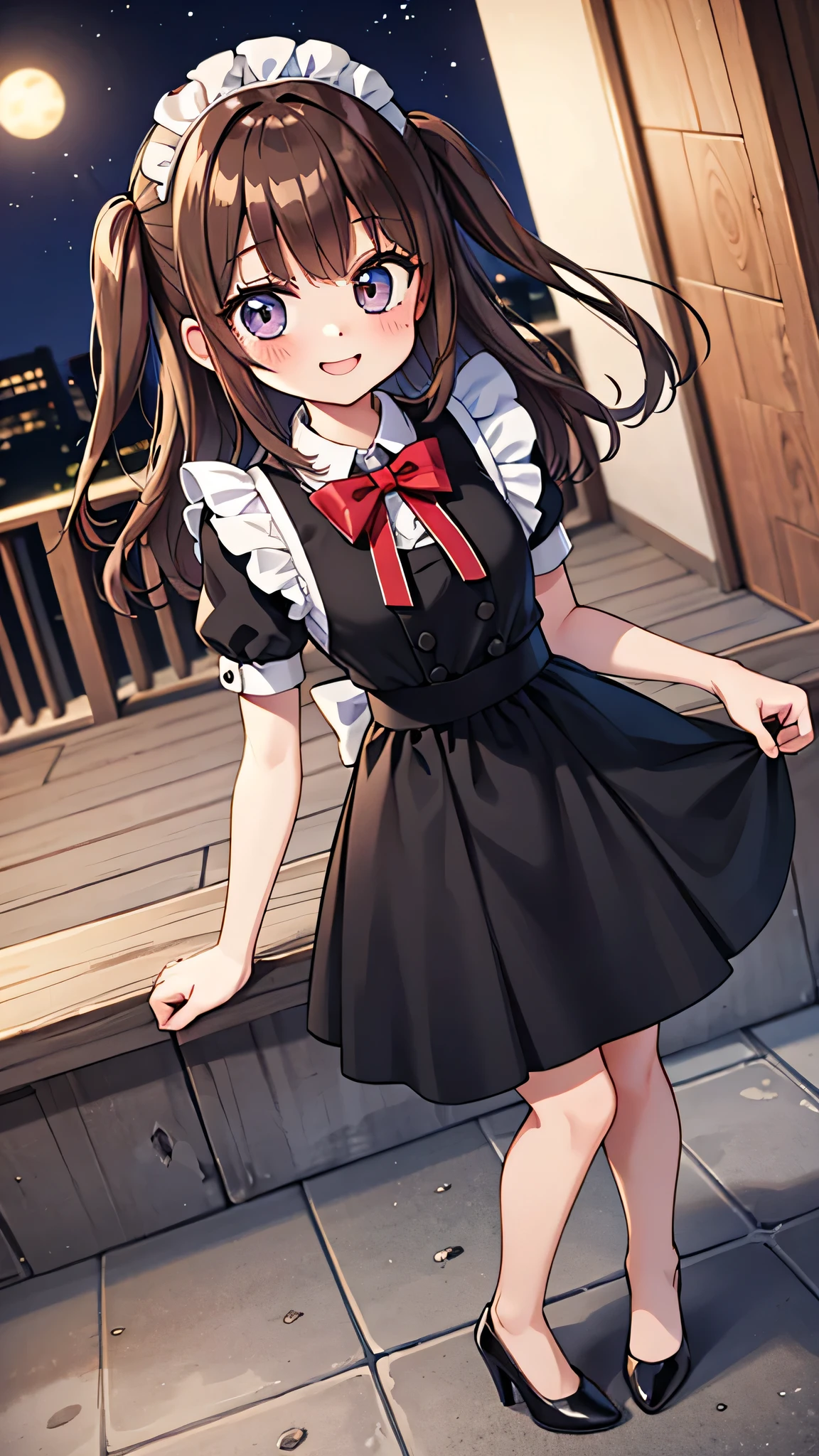 {Highest quality}, {Super beautiful},{Ultra fine},{Best illustration},Brown Hair,Hime cut,semi-long,Bangs,Standing Woman,Maid clothes,Short sleeve,Long black skirt,Night Park,Embarrassed,smilingly,Blushing,Slender women, A woman wearing plain black pumps,Bare feet and pumps,From an angle,From above