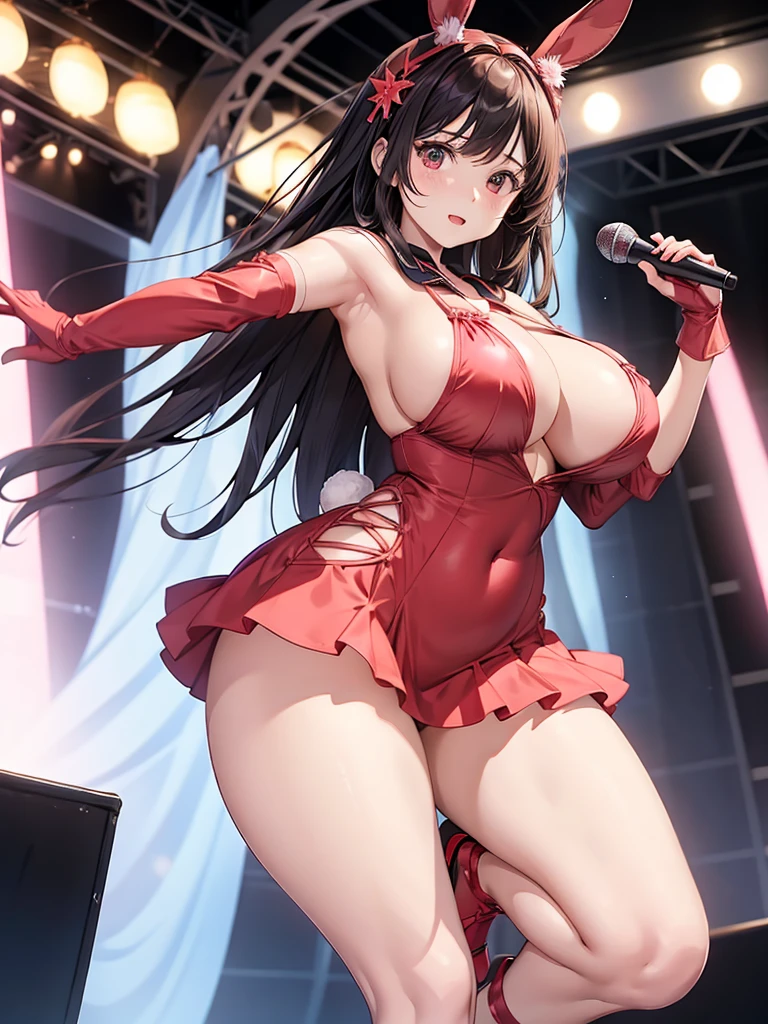 isshikiairu, black hair, hair bow, red bow, red ribbon, blunt bangs, very long hair, red eyes,, large breasts,, Live Stage,  solo nipple 