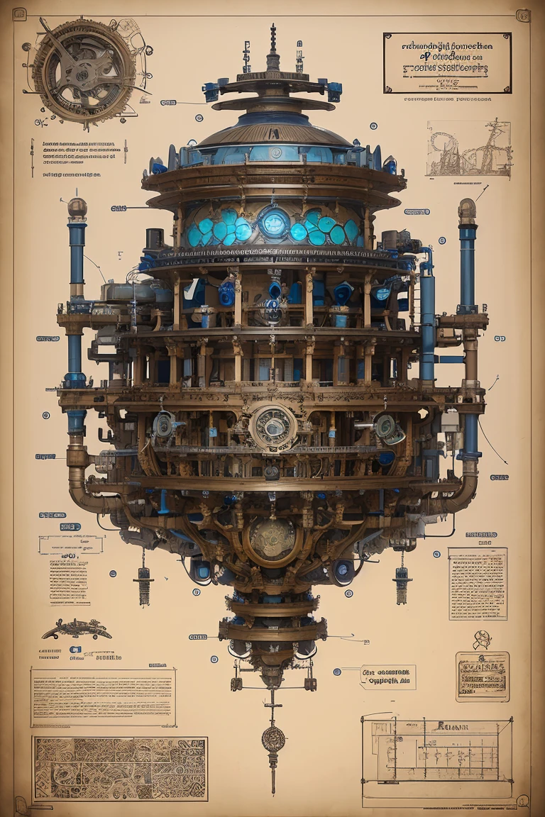 Full page concept design of an organic robotic device, Steampunk Blueprints, Intricate details, Ink on paper, scientific, Highly detailed labels, Poster