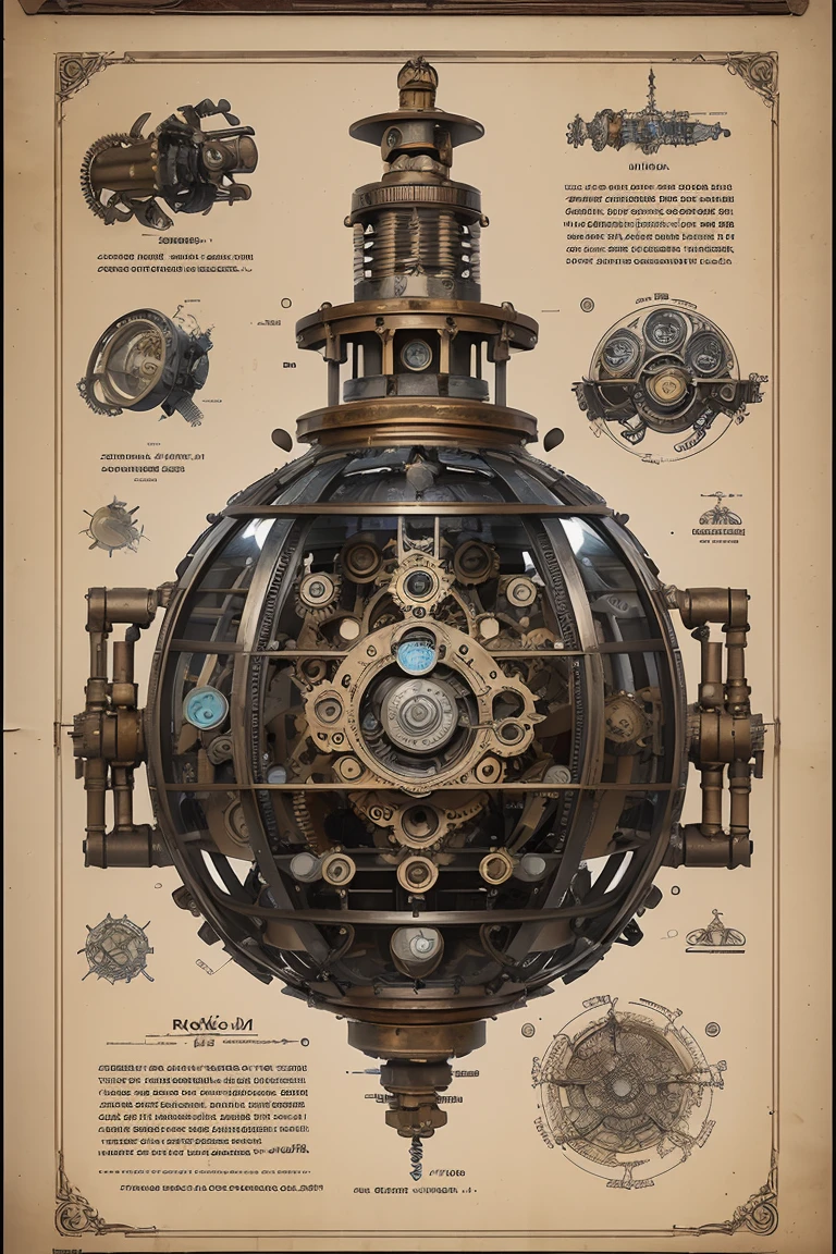 Full page concept design of an organic robotic device, Steampunk Blueprints, Intricate details, Ink on paper, scientific, Highly detailed labels, Poster