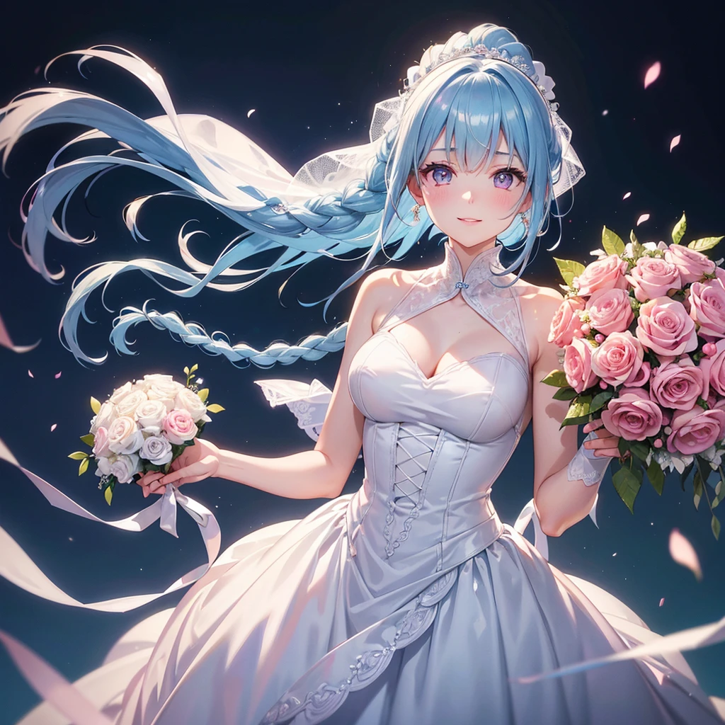 (Light blue medium hair),(Braided hair tied together)、Pink eyes、Fair skin、(whole body),bride,Big smile,Straight bangs,A dignified figure、 6月のbride,Wedding dress,(masterpiece, Highest quality, Very detailed, Best Shadow), (Detailed Background), (Beautifully detailed face), High Contrast, (Best lighting, Very delicate and beautiful), ((Cinematic Light)), colorful, Hyper Detail, Dramatic Light, Intricate details,Chapel background,Bouquet of roses,Ring on left ring finger,