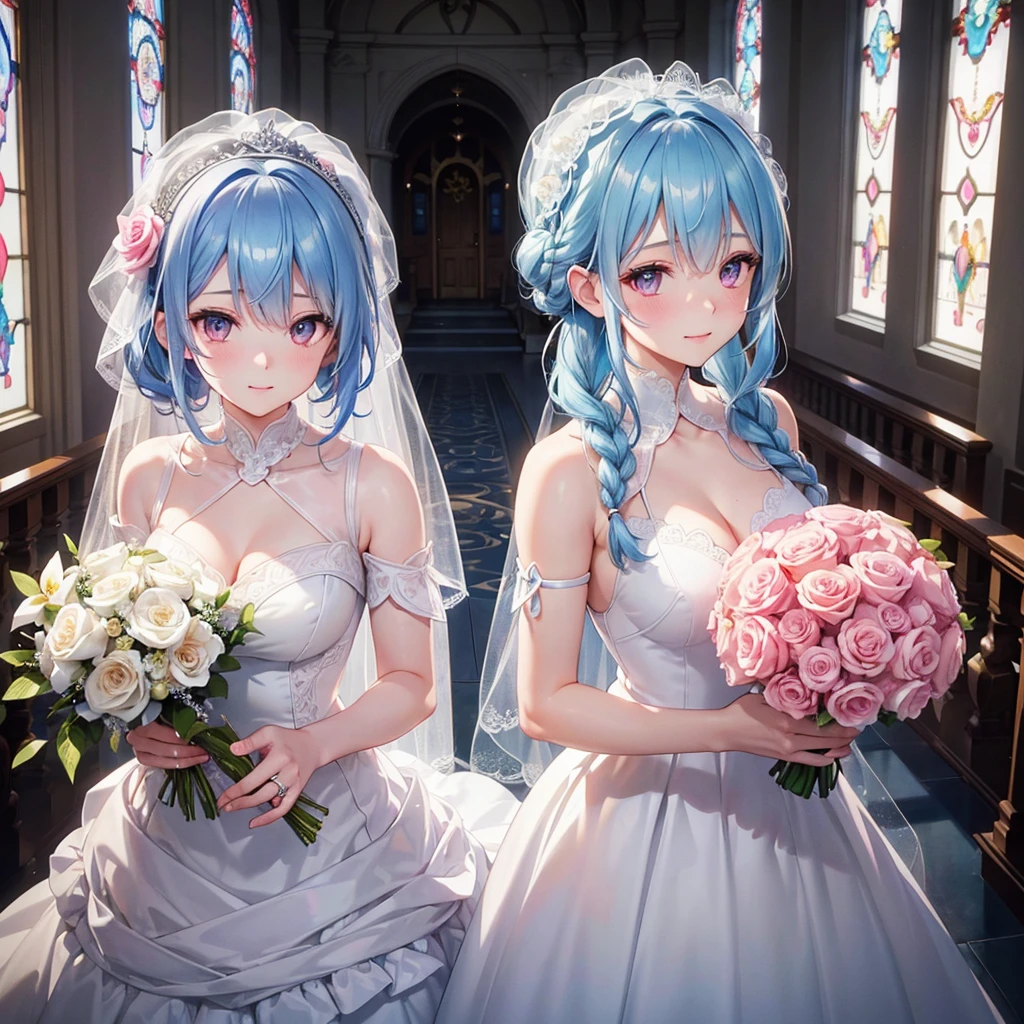 (Light blue medium hair),(Braided hair tied together)、Pink eyes、Fair skin、(whole body),bride,Big smile,Straight bangs,A dignified figure、 6月のbride,Wedding dress,(masterpiece, Highest quality, Very detailed, Best Shadow), (Detailed Background), (Beautifully detailed face), High Contrast, (Best lighting, Very delicate and beautiful), ((Cinematic Light)), colorful, Hyper Detail, Dramatic Light, Intricate details,Chapel background,Bouquet of roses,Ring on left ring finger,