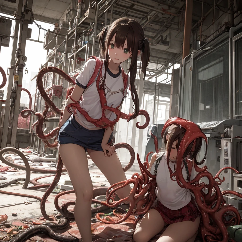 Girl captured by tentacles in abandoned factory　Tentacles in a skirt　Pants fabric texture　