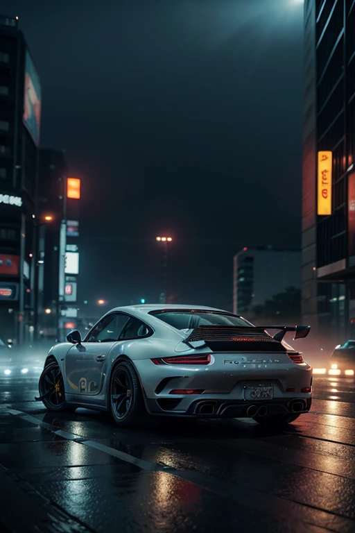 a photo-realistic 8K render of a Porsche 911 drifting through a cyberpunk-style night cityscape in Tokyo, highly detailed, cinematic lighting, dramatic atmosphere, vivid colors, volumetric fog, hyper-detailed, masterpiece, octane render, cinematic composition, ultra-detailed, professional photography