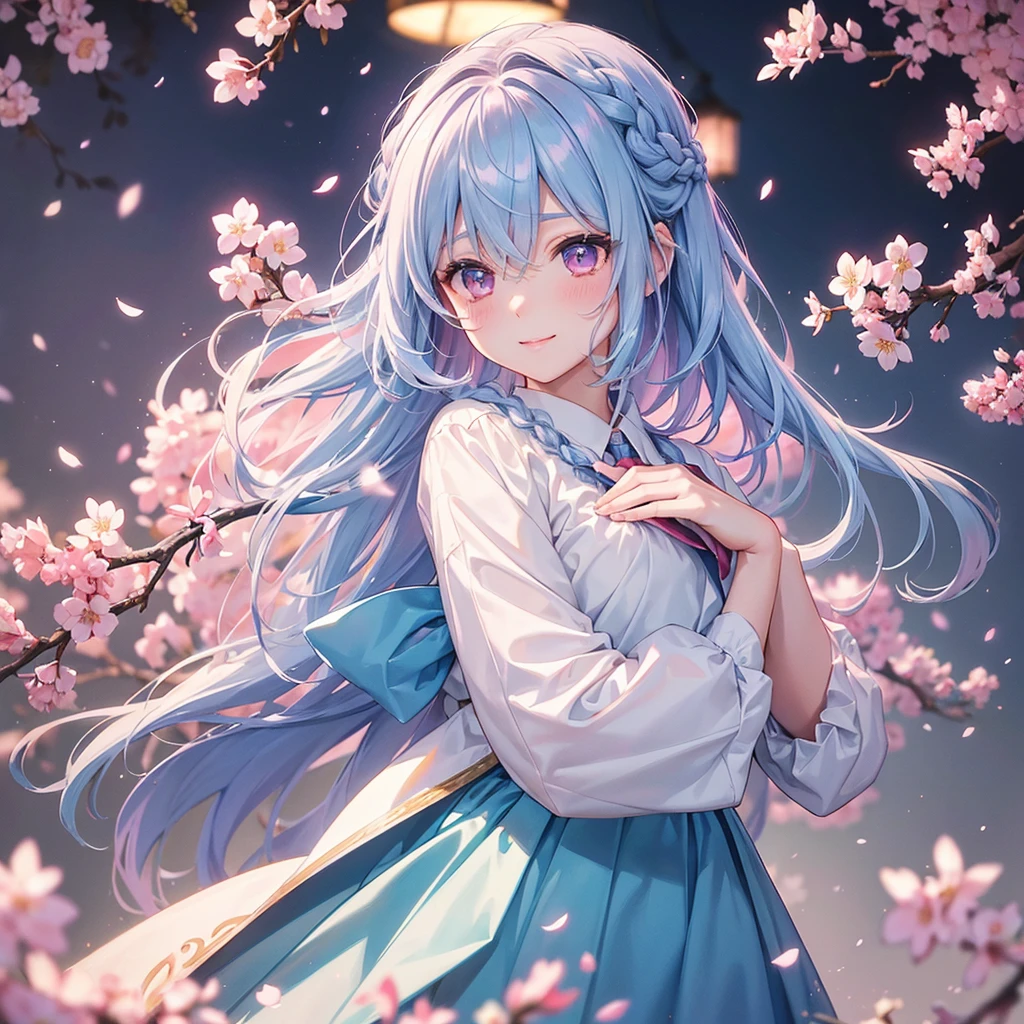 (Light blue medium hair),(Braided hair tied together)、Pink eyes、Fair skin、(whole body)、(uniform)、Cherry Blossoms at Night、A big smile、A dignified figure、solo、(masterpiece、Highest quality、Very detailed、Best Shadow)、(Detailed Background)、(Beautifully detailed face)、High contrast、(Best lighting、Very delicate and beautiful)、((Cinematic Light))、colorful、Hyper Detail、Dramatic Light、Exquisite detail、