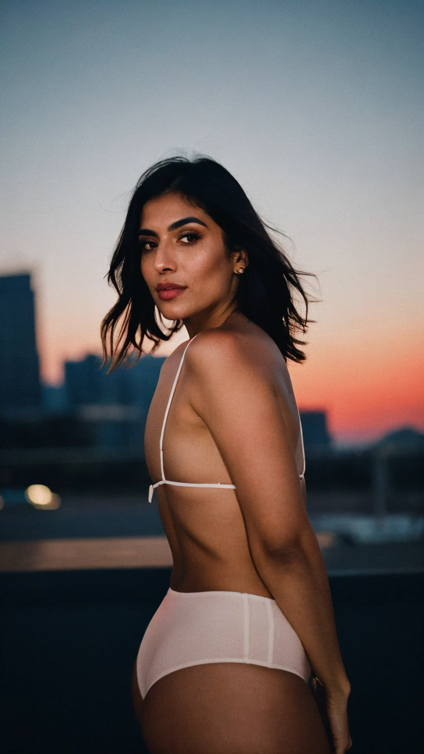 RAW photo,flash,hazy atmosphere,35mm focal lenght,fashion shoot,candid photograph,artistic,photograph of a beautiful,influencer,30yo Iranian woman,detailed skin,fully naked,looking at viewer, candid pose,standing outside,midnight,dark,flash photo,blue light, film grain, kodak color, instagram LUT