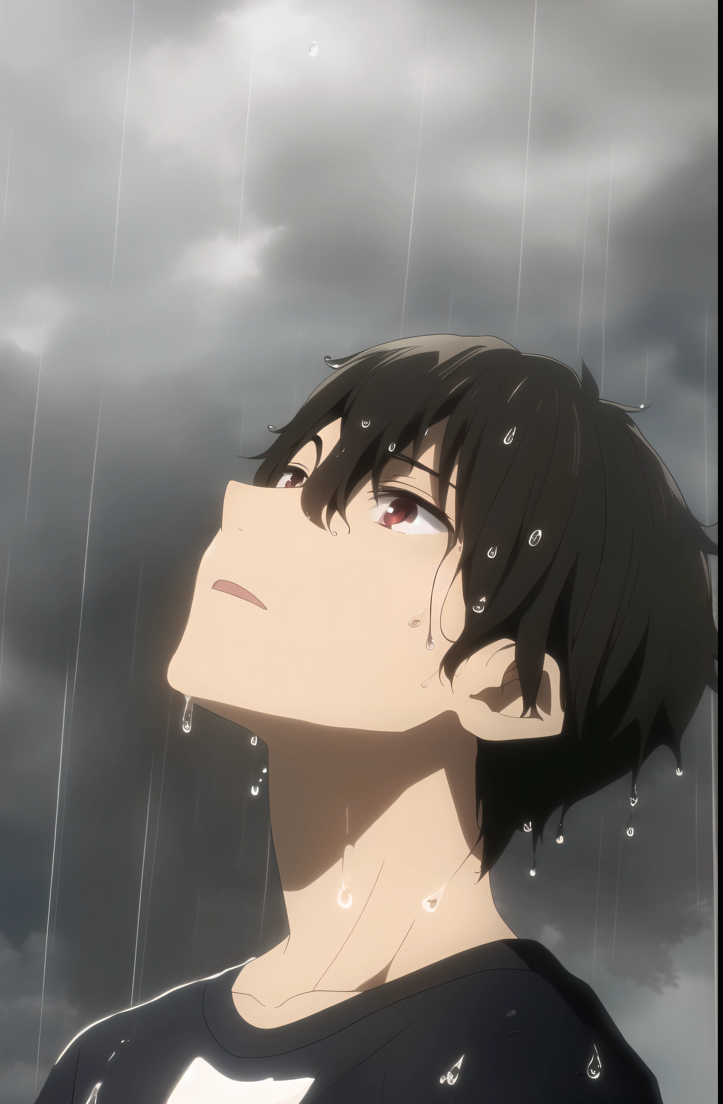masterpiece, best quality, youle, 1boy, male focus, solo, brown hair, red eyes, standing, straight-on, upper body, (looking up), wet, looking at sky, thinking, t-shirt, rain, dark, fog