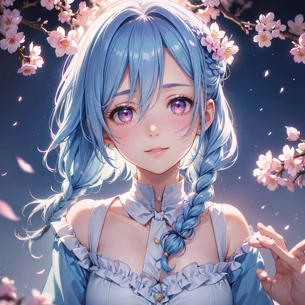 (Light blue medium hair),(Braided hair tied together)、Pink eyes、Fair skin、(whole body)、(uniform)、Cherry Blossoms at Night、A big smile、A dignified figure、solo、(masterpiece、Highest quality、Very detailed、Best Shadow)、(Detailed Background)、(Beautifully detailed face)、High contrast、(Best lighting、Very delicate and beautiful)、((Cinematic Light))、colorful、Hyper Detail、Dramatic Light、Exquisite detail、