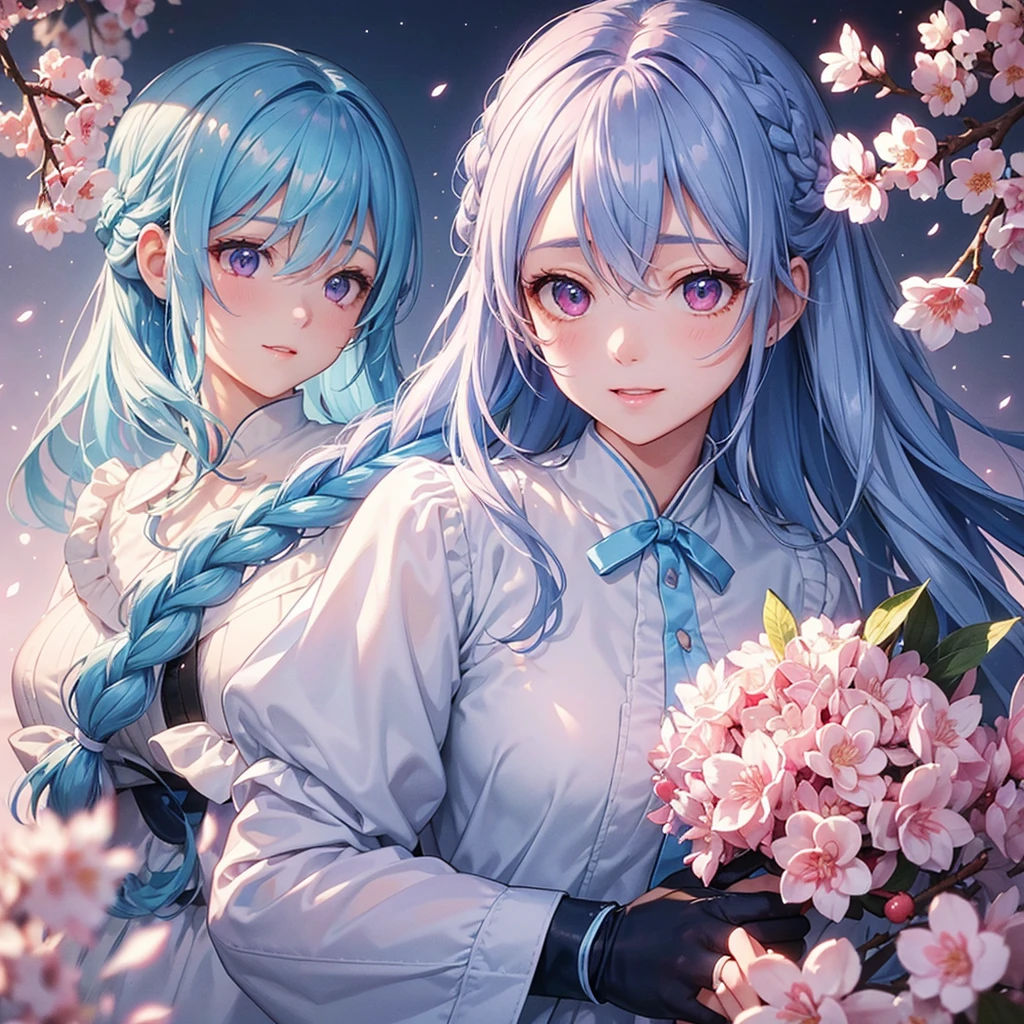 (Light blue medium hair),(Braided hair tied together)、Pink eyes、Fair skin、(whole body)、(uniform)、Cherry Blossoms at Night、A big smile、A dignified figure、solo、(masterpiece、Highest quality、Very detailed、Best Shadow)、(Detailed Background)、(Beautifully detailed face)、High contrast、(Best lighting、Very delicate and beautiful)、((Cinematic Light))、colorful、Hyper Detail、Dramatic Light、Exquisite detail、