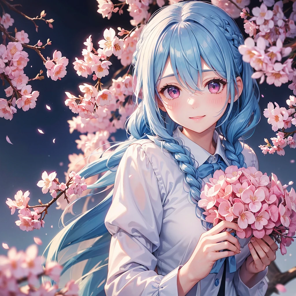 (Light blue medium hair),(Braided hair tied together)、Pink eyes、Fair skin、(whole body)、(uniform)、Cherry Blossoms at Night、A big smile、A dignified figure、solo、(masterpiece、Highest quality、Very detailed、Best Shadow)、(Detailed Background)、(Beautifully detailed face)、High contrast、(Best lighting、Very delicate and beautiful)、((Cinematic Light))、colorful、Hyper Detail、Dramatic Light、Exquisite detail、