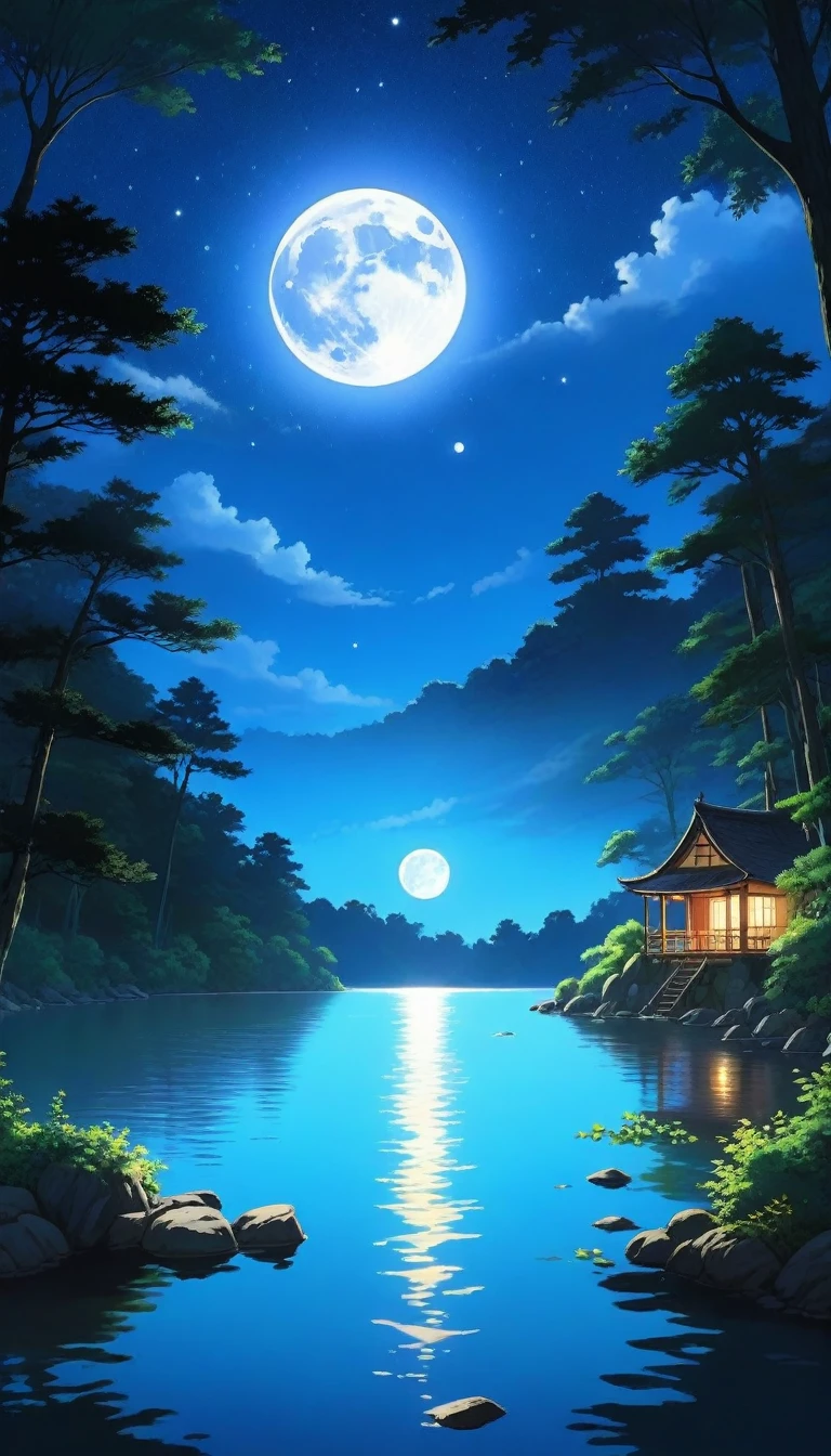 summer night、Lake in the forest、star、moon、((Ghibli anime)）, Fantasy, wonderful,