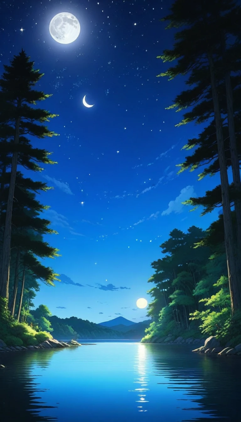 summer night、Lake in the forest、star、moon、((Ghibli anime)), Fantasy, wonderful,