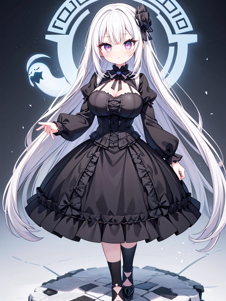 Anime-style image of a woman with white hair and black clothing, Cute 3D anime girl render, Cute anime waifu in a nice dress, Anime VTuber Full Body Model, Anime girl in a black dress, Gothic Maiden Anime Girl, Highly detailed characters, Official character art,Prayer,Big Tits,ghost