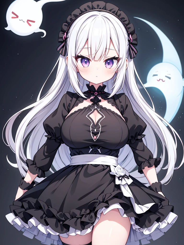 Anime-style image of a woman with white hair and black clothing, Cute 3D anime girl render, Cute anime waifu in a nice dress, Anime VTuber Full Body Model, Anime girl in a black dress, Gothic Maiden Anime Girl, Highly detailed characters, Official character art,Prayer,Big Tits,ghost