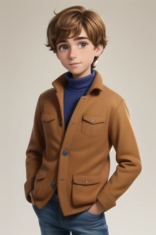 A  young man, With shaggy brown hair, nice face, Boxy face, And brown eyes, Wear a blue turtleneck.,He puts his hand in his pocket