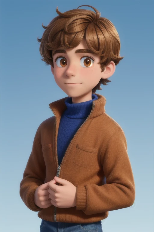 A 14 year old young man, With shaggy brown hair, nice face, Boxy face, And brown eyes, Wear a blue turtleneck.,He puts his hand in his pocket