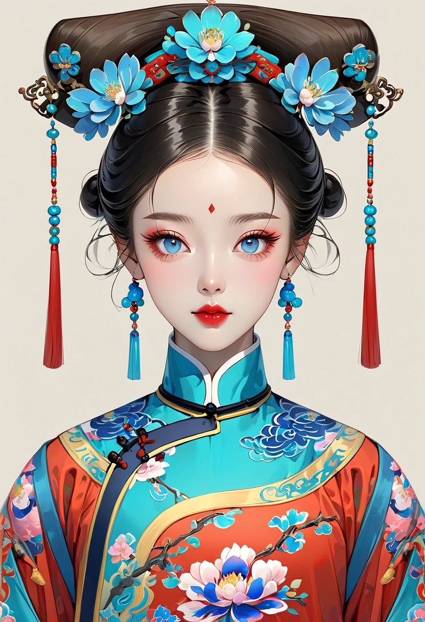 Fine brushwork,2D,Colored pencils,Beautiful digital art,Clear lines,Beautiful Chinese Qing Dynasty Princess,Bright Eyes,Exquisite facial features,symmetry,Fine hair,Qing Dynasty Clothing,Clean background,Vibrant colors,whole body