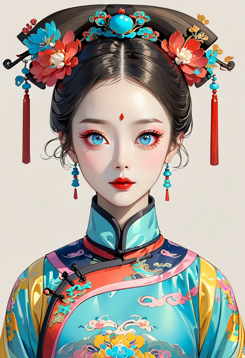 Fine brushwork,2D,Colored pencils,Beautiful digital art,Clear lines,Beautiful Chinese Qing Dynasty Princess,Bright Eyes,Exquisite facial features,symmetry,Fine hair,Qing Dynasty Clothing,Clean background,Vibrant colors,whole body