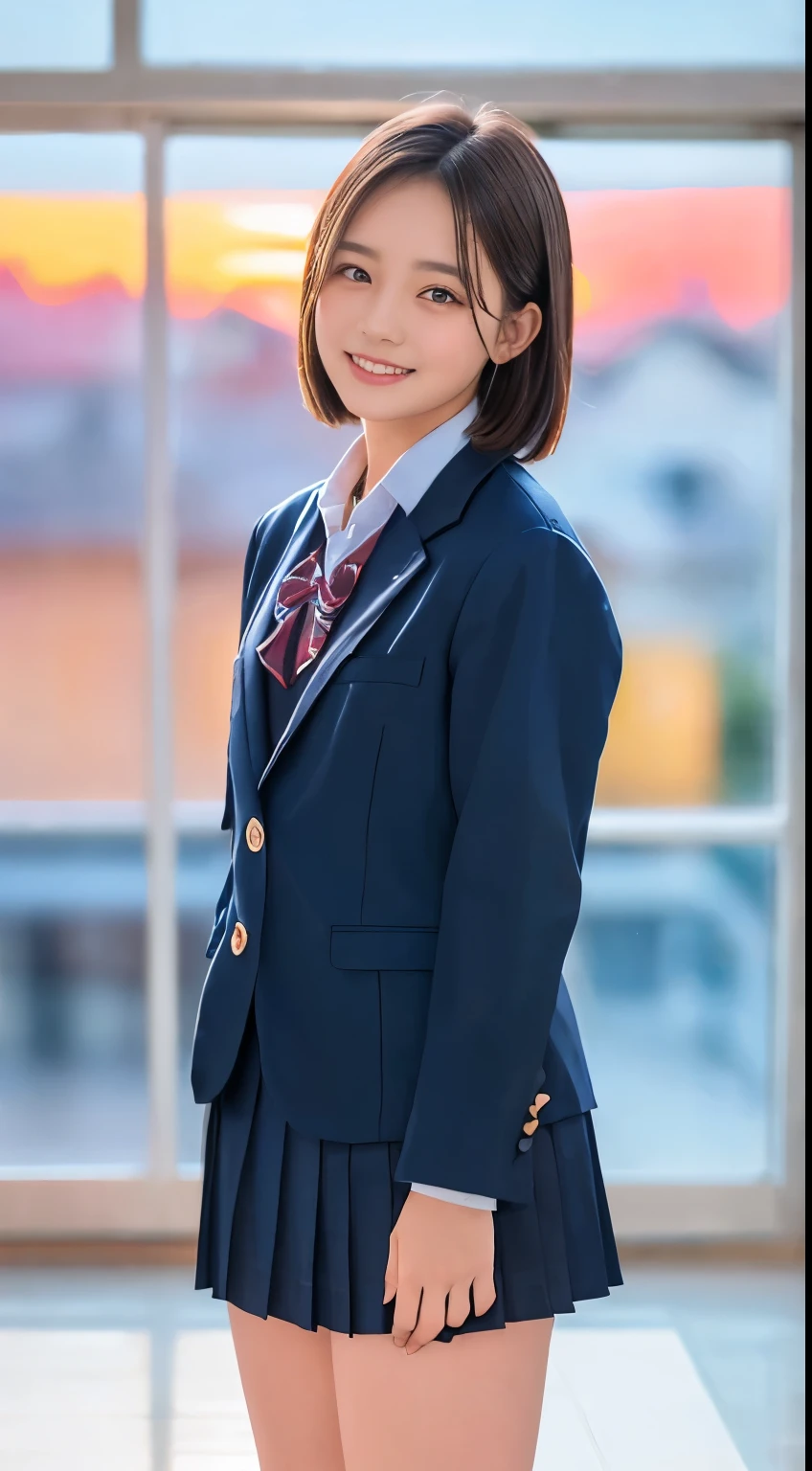 (Highest quality,8K quality,masterpiece:1.3),(Ultra-high resolution,Photorealistic:1.4,RAW Photos),(Very detailed,Caustics,Detailed Background),(Ultra-Realistic Capture,Fine and beautiful skin,Perfect Anatomy),At dusk,Sunset sky,School building,Schoolyard,18-year-old,cute,single eyelid,Black short bob,School Blazer Uniform,looking at the camera,Laughter,Bust up shot,Natural soft light