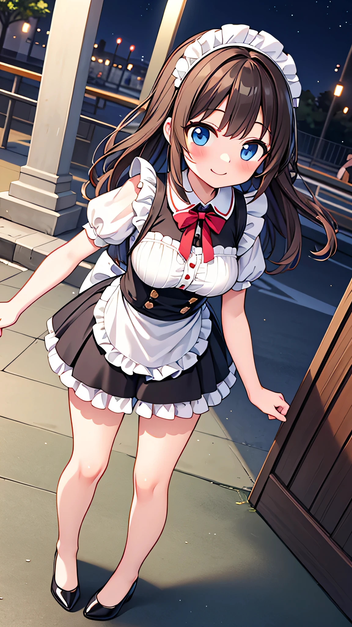 {Highest quality}, {Super beautiful},{Ultra fine},{Best illustration},Brown Hair,Hime cut,semi-long,Bangs,Standing Woman,Maid clothes,Short sleeve,Long black skirt,Night Park,Embarrassed,smilingly,Blushing,Slender women, A woman wearing plain black pumps,Bare feet and pumps,From an angle,From above