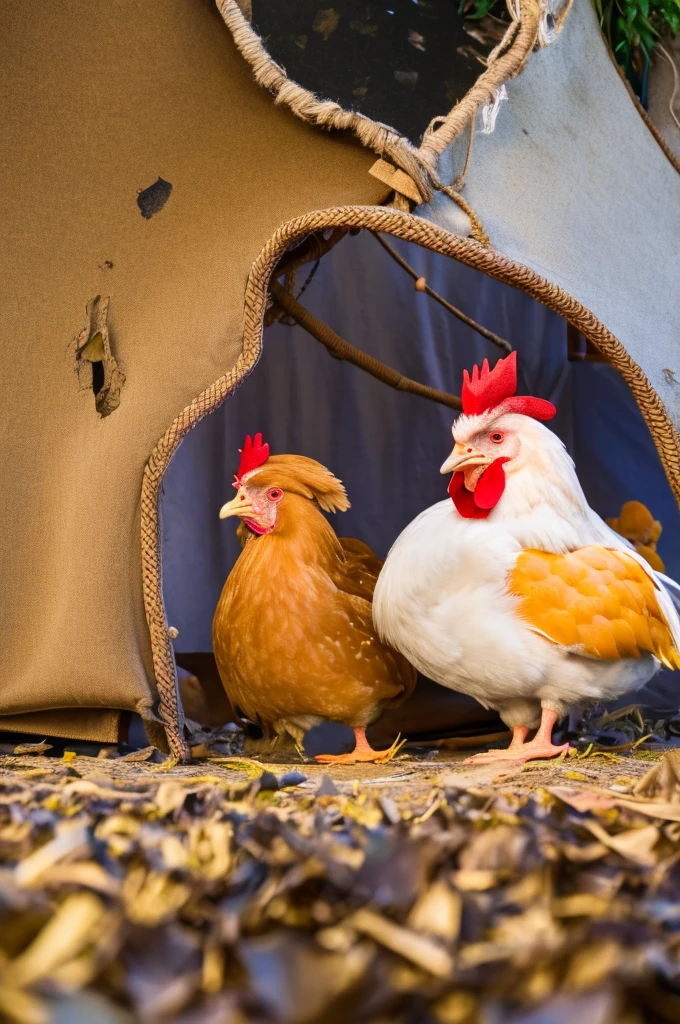 male chicken looking straight ahead, sitting cutely, Battleground Hat