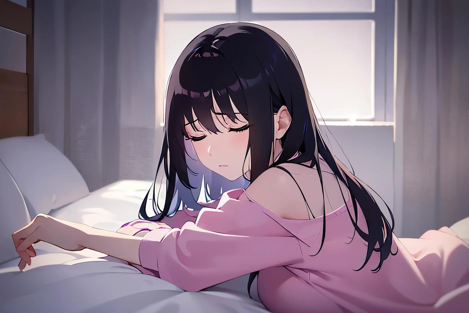 on back, Upper Body, Realistic, real person, (pale skin: 1.2), RAW photo, photorealistic, shiny skin, shiny hair、(25 year old woman with bangs) and (medium hair) and (black hair) and (closed eyes:1.5) , BREAK (pajamas) and (pink:1.2) BREAK 、sleepy, bed, Alone、