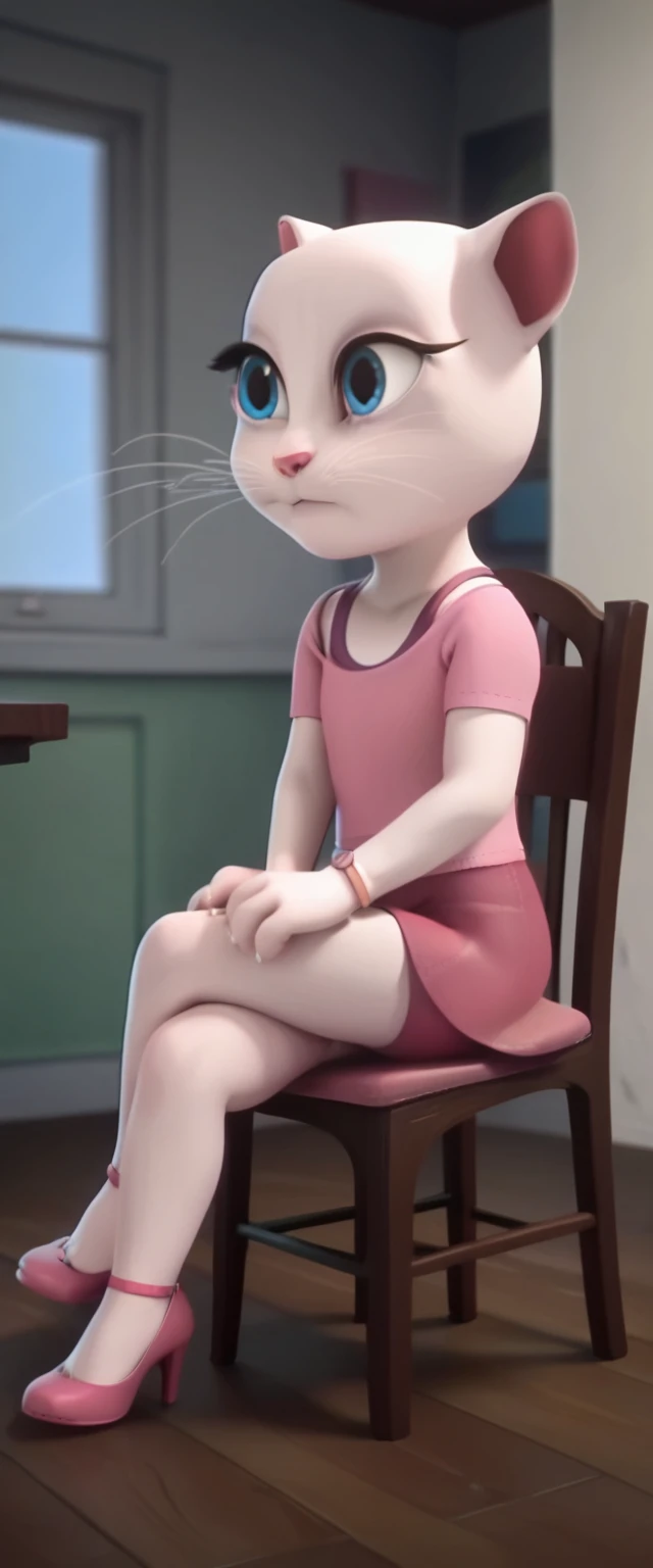1 girl, cat, white fur, long whiskers on both sides of the face, large bright blue eyes, large black eyelashes, small pink nose, triangular ears with pink channels. There are high heels. Side view legs of woman wearing mini skirt are displayed above her legs on chair. crossed legs