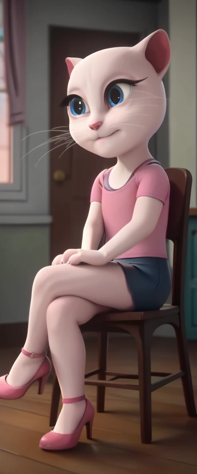 1 girl, cat, white fur, long whiskers on both sides of the face, large bright blue eyes, large black eyelashes, small pink nose, triangular ears with pink channels. There are high heels. Side view legs of woman wearing mini skirt are displayed above her legs on chair. crossed legs