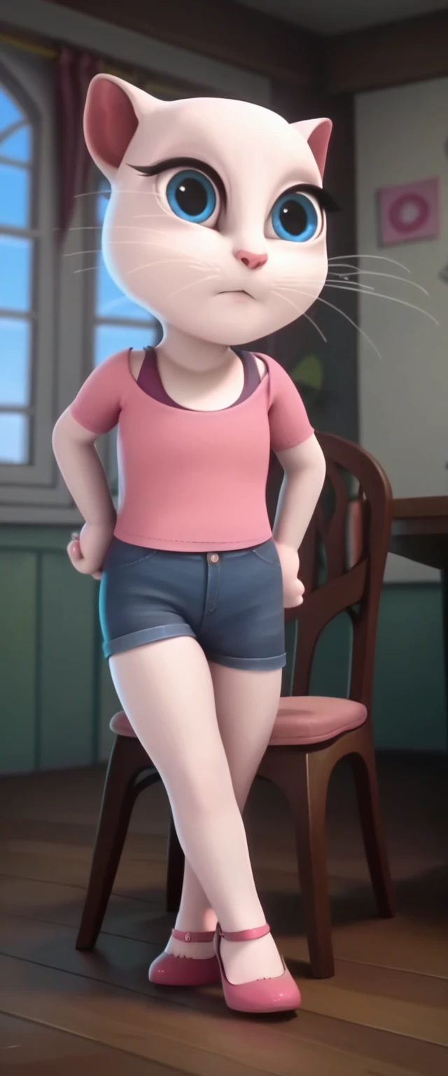 1 girl, cat, white fur, long whiskers on both sides of the face, large bright blue eyes, large black eyelashes, small pink nose, triangular ears with pink channels.      There are high heels.  Side view legs of woman wearing mini skirt are displayed above her legs on chair.  crossed legs