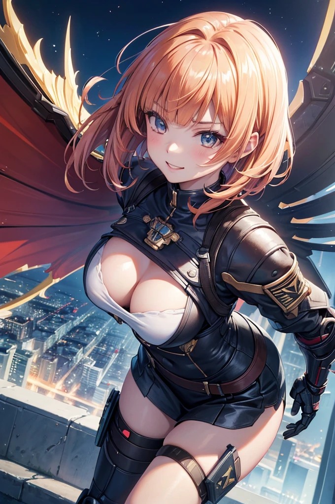 cinematic angle, an anime girl, masterpiece, 8K,detailed, best quality, no bad anatomy and fingers, dynamic pose, Action Painting, a beautiful young cyborg girl, smile, taking off into the sky, blunt bangs, extra short, flipped hair, super detailed skin, FINAL FANTASY 12, Brave Command Dagwon, make-up, cool mechanical wings, the city of Monaco, Ryu Fujisaki,