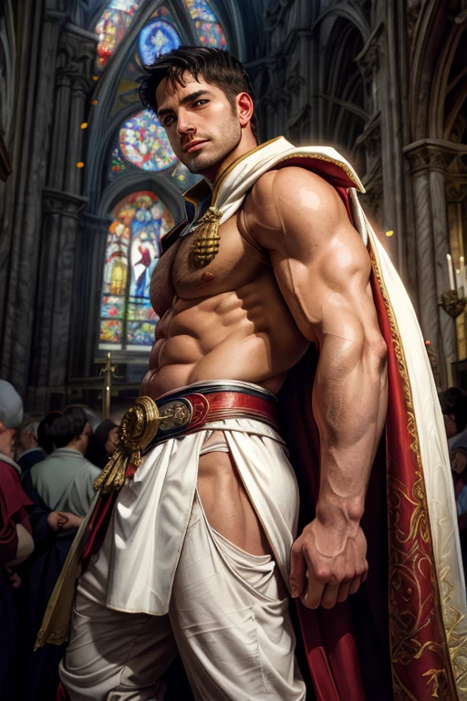 looking back, DariusFerdynand wearing well-fitted sleeveless red and white sheer tight Roman-Catholic-pope robe-armor, looking at viewer, peaceful and righteous expression, dynamic pose BREAK St. Peter's Basilica, Vatican, BREAK heroic, religious motifs, Chiaroscuro, Renaissance art, ecclesiastical power, BREAK realistic, cinematic, best quality, detailed background, depth of field, intricate details