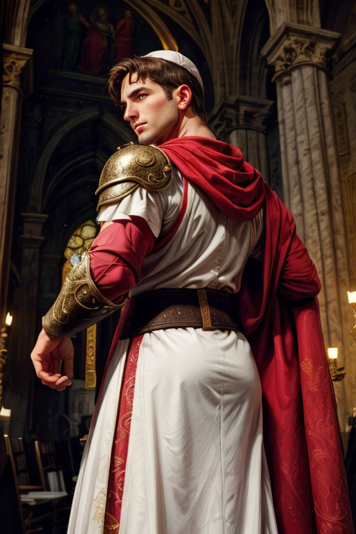 looking back, DariusFerdynand wearing well-fitted sleeveless red and white sheer tight Roman-Catholic-pope robe-armor, looking at viewer, peaceful and righteous expression, dynamic pose BREAK St. Peter's Basilica, Vatican, BREAK heroic, religious motifs, Chiaroscuro, Renaissance art, ecclesiastical power, BREAK realistic, cinematic, best quality, detailed background, depth of field, intricate details