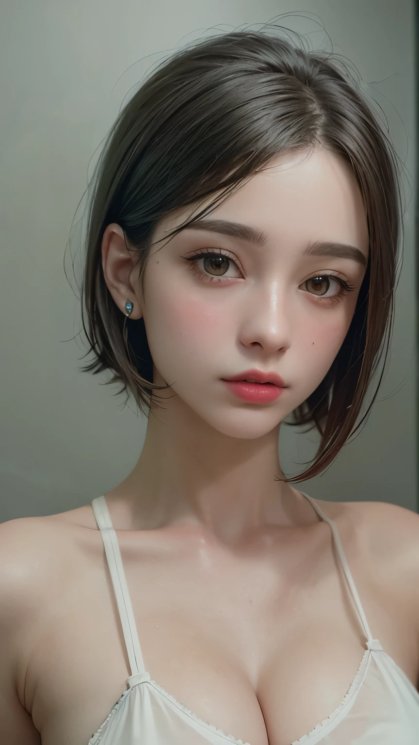 Masterpiece hyperrealist & Photorealistic beautiful girl, Realistic Skin (Pore-filled skin) Short Bob Cut Hair, Realistic red lips,Punk Girl, (head shot:1.5),Shorts