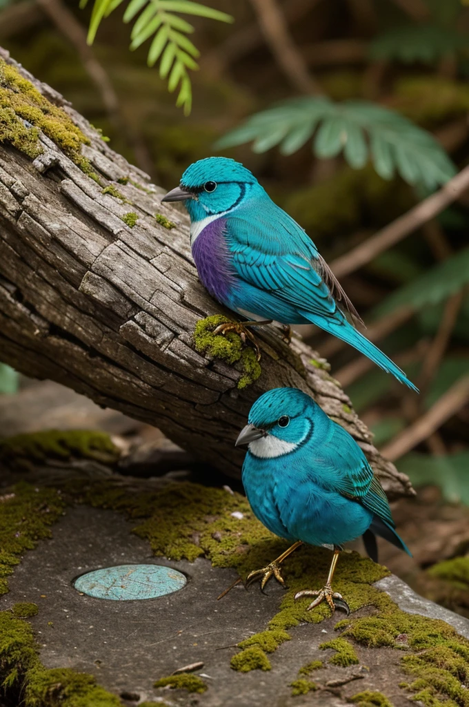 In the center of the image, a small, brilliantly colored bird with feathers that shimmer in shades of turquoise, purple, and gold stands on a moss-covered rock. Its eyes gleam with intelligence and curiosity as it surveys its surroundings.