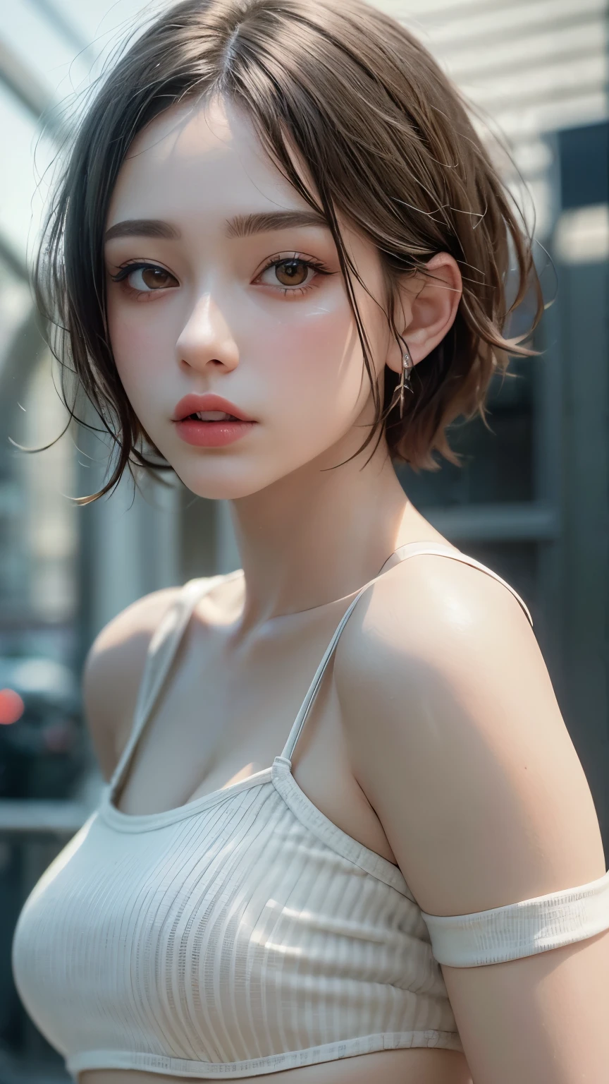 Masterpiece hyperrealist & Photorealistic beautiful girl, Realistic Skin (Pore-filled skin) Short Bob Cut Hair, Realistic red lips,Punk Girl, (head shot:1.5),Shorts